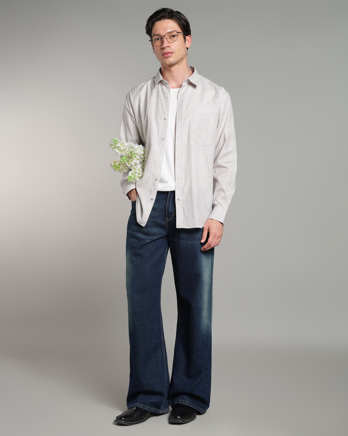 Bone Grey Linen Striped Shirt
