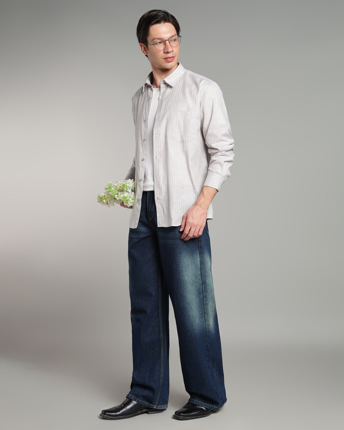 Bone Grey Linen Striped Shirt