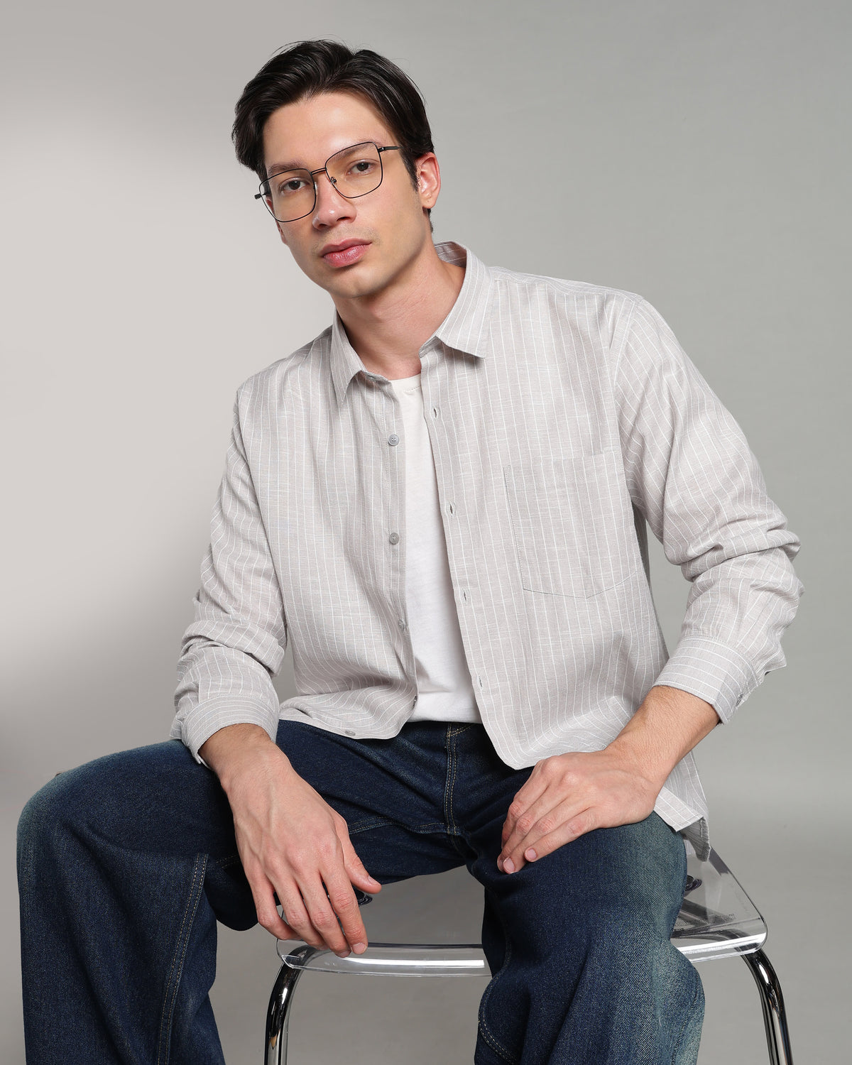 Bone Grey Linen Striped Shirt