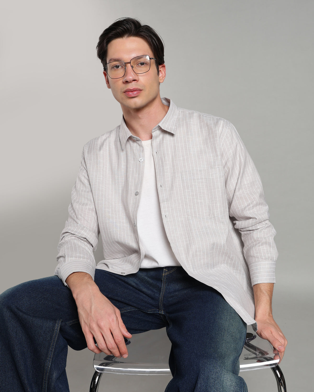 Bone Grey Linen Striped Shirt