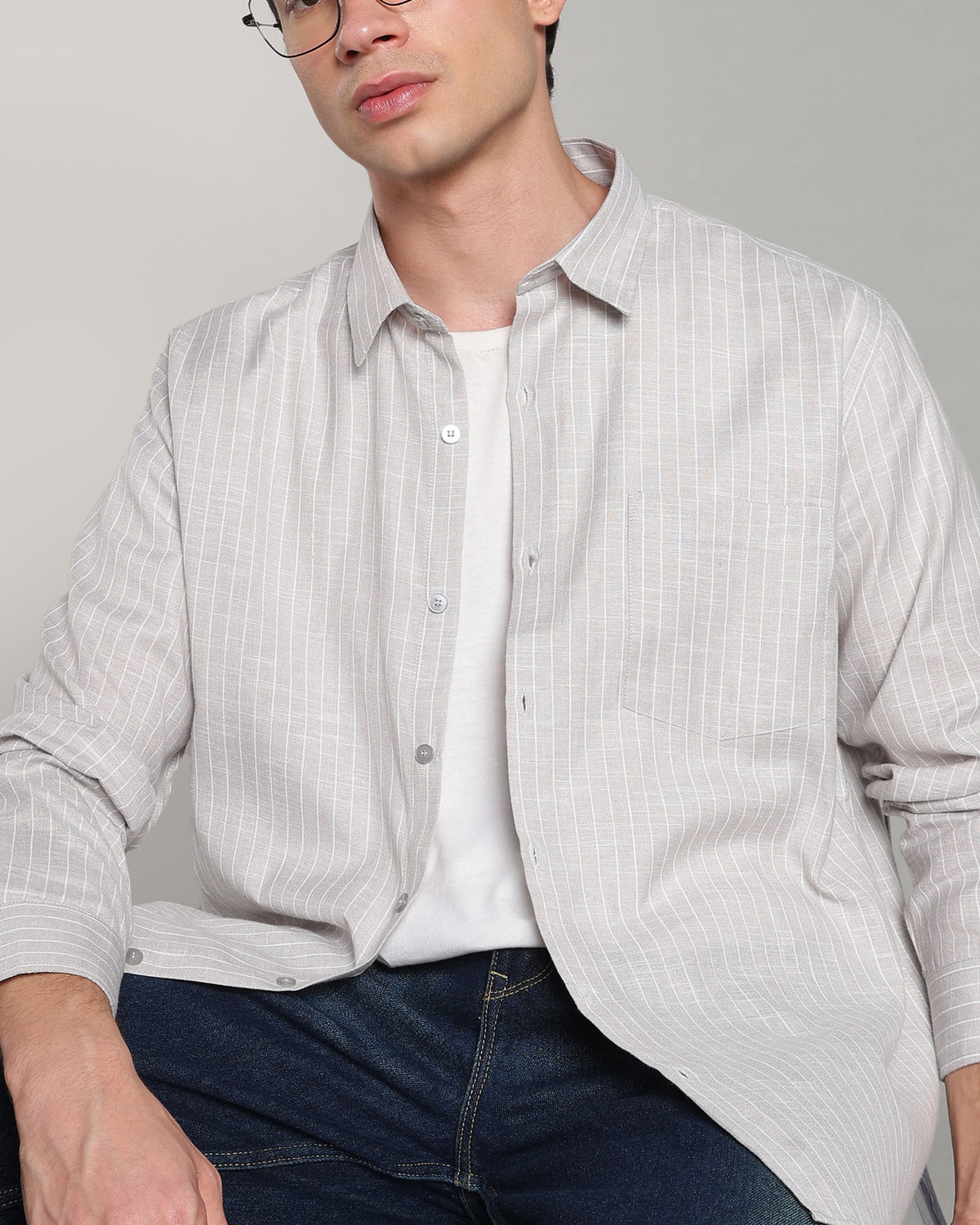 Bone Grey Linen Striped Shirt
