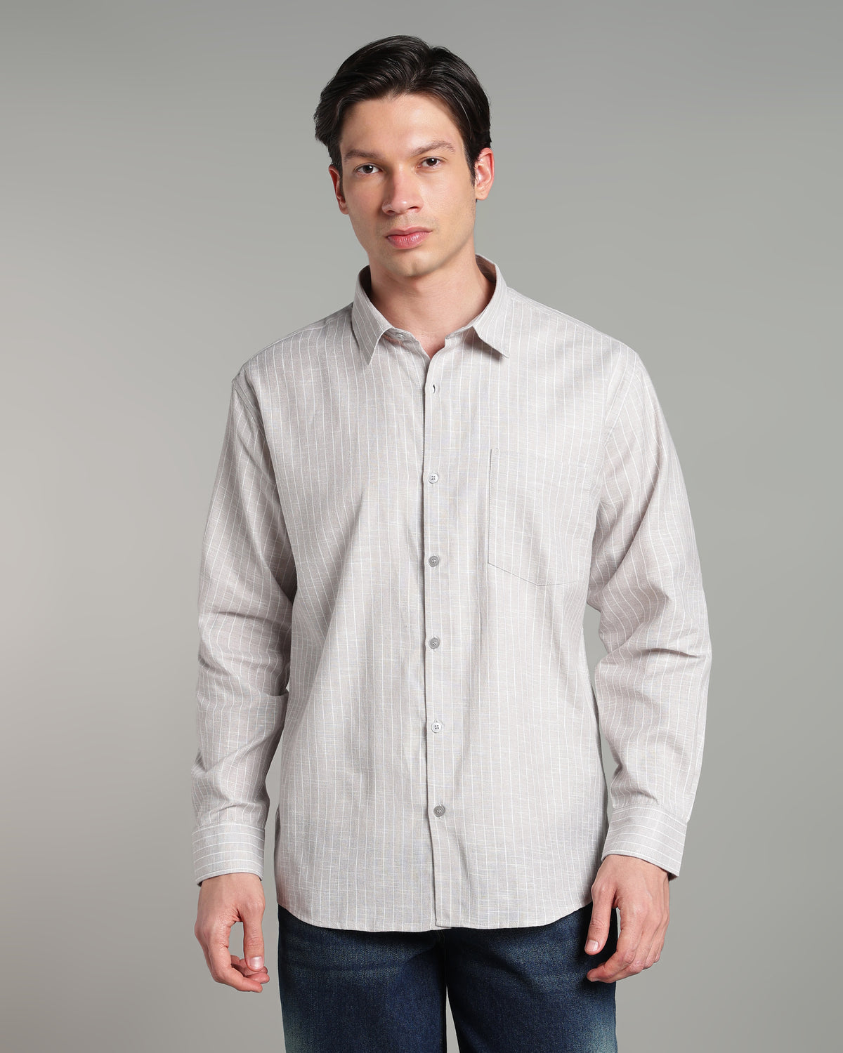 Bone Grey Linen Striped Shirt